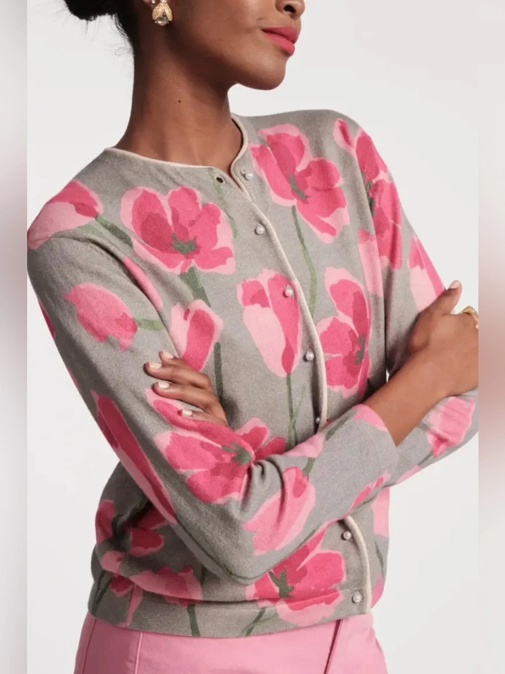 FRANCES VALENTINE Darling Cardigan Dutch Tulip Gray Pink Floral Sweater S - Picture 4 of 14